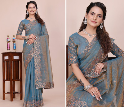 K 5 FASHION Embroidered, Embellished Bollywood Tissue Saree(Grey)