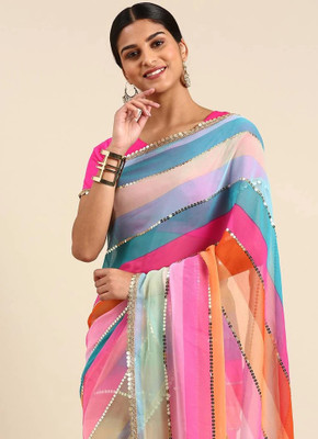 Dharmik Fashion Studio Printed, Digital Print, Striped Bollywood Net Saree(Multicolor)