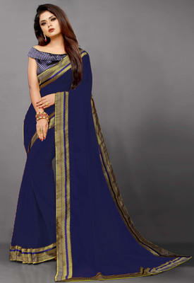 FIERTE Solid/Plain, Dyed, Self Design Bollywood Georgette, Chiffon Saree(Blue)