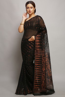 WoodenTant Woven Jamdani Cotton Silk Saree(Black)