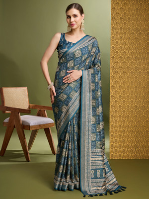 MANTROTSAV Digital Print Hand Batik Silk Blend Saree(Blue)