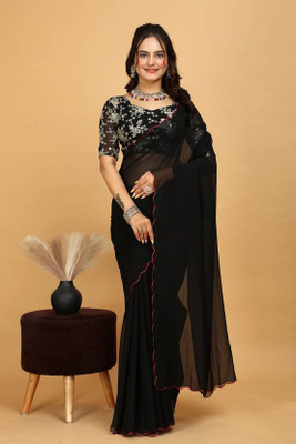 Divastri Solid/Plain Bollywood Georgette Saree(Black)