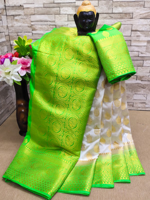 Zinsy Creation Woven Banarasi Art Silk Saree(White, Light Green)