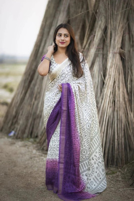 J6 Designers Printed Daily Wear Cotton Blend Saree(White)