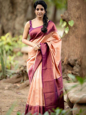 Moda Rapido Woven Daily Wear Silk Blend Saree(Orange)