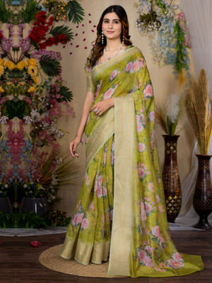 Tasrika Printed Chinnalapattu Cotton Blend Saree(Light Green)