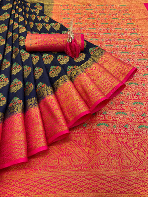 GajGajra Self Design Kasavu Silk Blend Saree(Dark Blue, Pink)