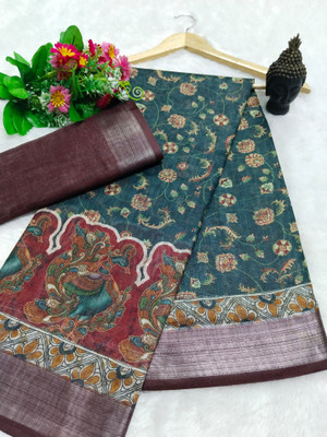 PRTRENDZ Woven Kanjivaram Linen, Cotton Linen Saree(Green)