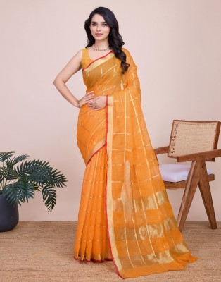 Samah Woven, Embellished, Striped Kota Doria Silk Blend Saree(Orange, Gold)