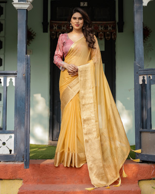 DHAYNAAND REEWA FASHION Solid/Plain, Embellished Bollywood Chiffon Saree(Gold)