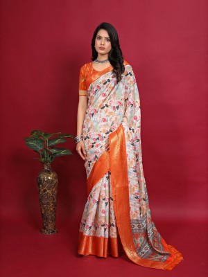 Mionas Woven, Printed Bollywood Cotton Silk, Linen Saree(Orange)