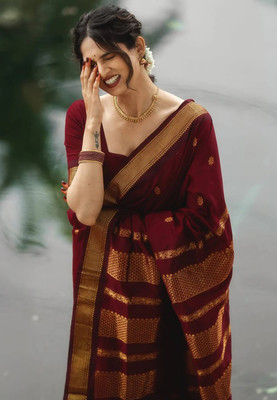 Priyashi Woven, Printed, Self Design Banarasi Cotton Silk, Jacquard Saree(Maroon)