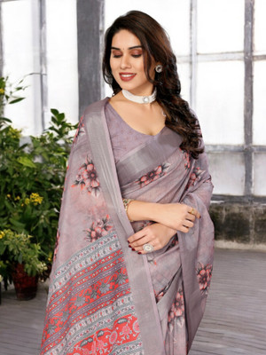 THE URBAN DIVA Printed Bollywood Linen Saree(Magenta, Brown, Red)