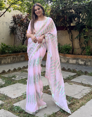 Samah Embroidered, Embellished Bollywood Georgette Saree(Pink)