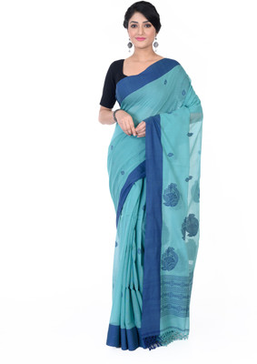 TANTUJA BENGAL HANDELOOM Self Design Handloom Handloom Pure Cotton Saree(Blue)