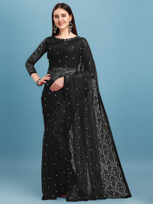 LOROFY Self Design Lucknow Chikankari Net Saree(Black)