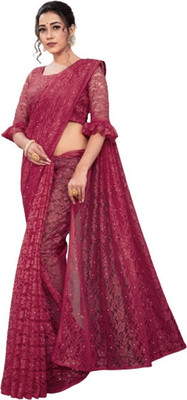 Nexafashion Self Design Bollywood Net Saree(Maroon)