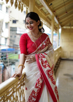 Shyamalisaree Printed Handloom Cotton Blend Saree(White)