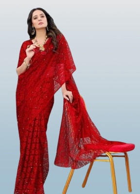 NORAFLEX Embroidered Bollywood Net Saree(Red)