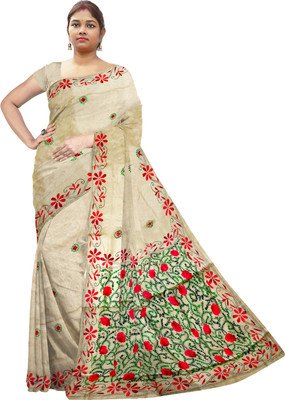 SHRISTI CLOTHINGS Embroidered Kantha Silk Blend Saree(Beige)