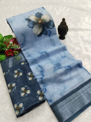 Gajal Digital Print Kanjivaram Pure Cotton, Cotton Linen Saree(Blue)
