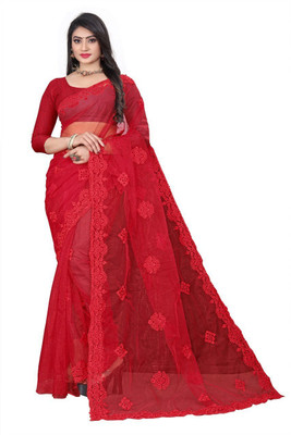 YARA CREATION Embroidered Bollywood Net Saree(Red)