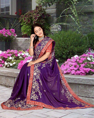 Aksh Fashion Embroidered Bollywood Georgette Saree(Purple)