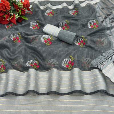 Vikash fab Embroidered Chettinadu Linen Saree(Grey)