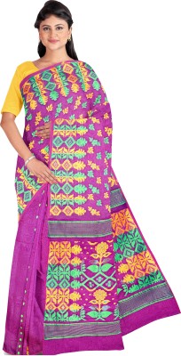 PuJoy Self Design Jamdani Cotton Blend Saree(Purple)