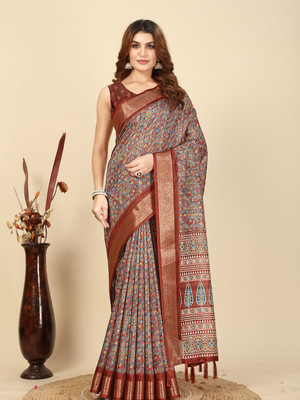 HouseOfCommon Geometric Print Chanderi Art Silk Saree(Maroon)