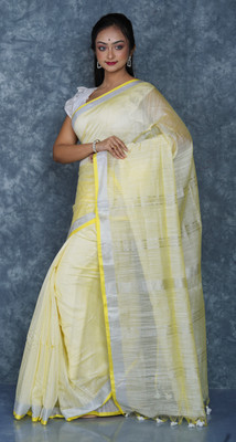 tantial Self Design Handloom Cotton Silk Saree(White)