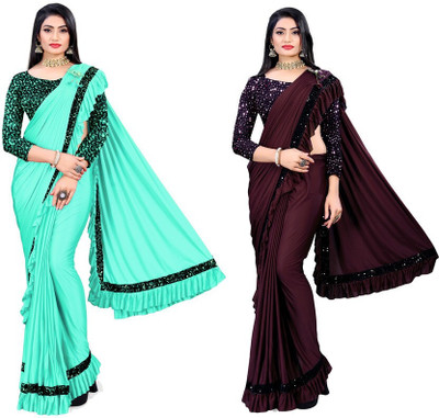 HouseOfCommon Embellished Bollywood Lycra Blend Saree(Pack of 2, Light Green, Maroon)