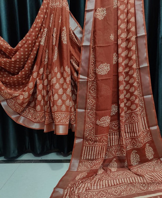Suto Printed, Floral Print Bandhani Linen Saree(Brown)