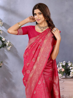 Sareeve Woven, Self Design Kanjivaram Silk Blend Saree(Pink)