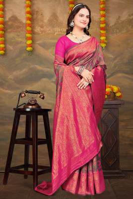 HouseOfCommon Woven Kanjivaram Pure Silk, Silk Blend Saree(Pink, Grey)