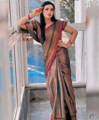 zehox Self Design Handloom Tissue Saree(Brown)
