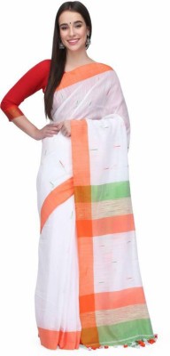 Bong ButiQ Woven Tant Handloom Cotton Blend Saree(White)