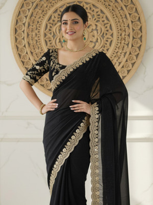 all about you Embellished Bollywood Satin Saree(Black)