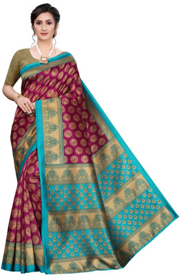 Grubstaker Printed Mysore Art Silk Saree(Maroon, Blue)