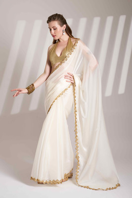 shiv textiles Embellished Bollywood Brasso Saree(White)