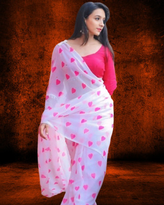 SHOBHTESH Digital Print, Printed, Self Design Daily Wear Georgette Saree(White)