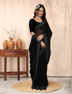 riyanshi fashion Embellished, Self Design, Solid/Plain Bollywood Georgette Saree(Black)