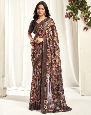 Falessa Floral Print Daily Wear Georgette Saree(Brown)