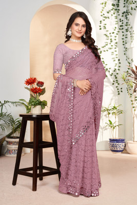 MAA CREATION Embroidered Bollywood Net Saree(Brown)