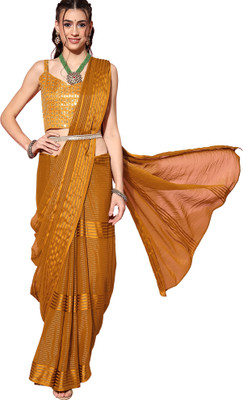 Akhilam Striped Bollywood Georgette Saree(Mustard)
