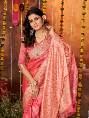 Valley Printed Banarasi Silk Blend Saree(Red)