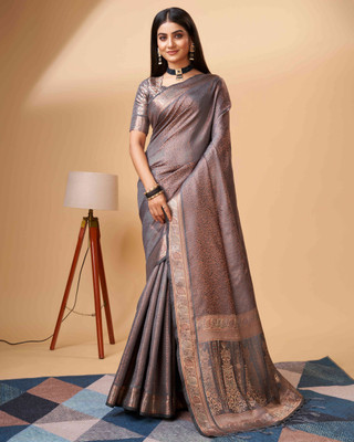 PHEASANT Woven, Embellished Banarasi Pure Silk Saree(Grey)