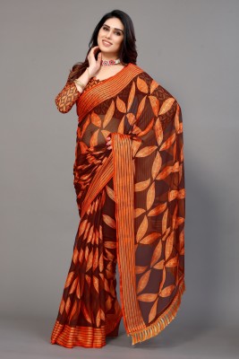 Winza Designer Printed, Floral Print Bollywood Chiffon, Brasso Saree(Brown, Orange)