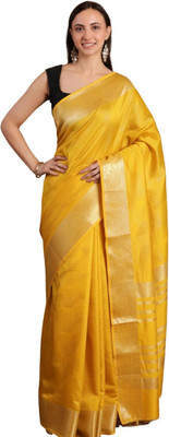 EZIESHREE Floral Print Banarasi Pure Silk Saree(Yellow)