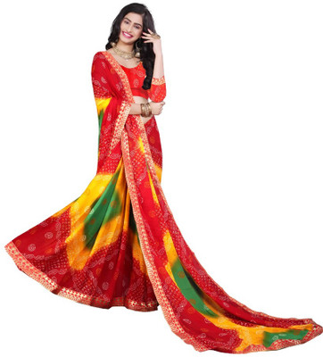 Kanooda Prints Printed Bandhani Georgette Saree(Multicolor)